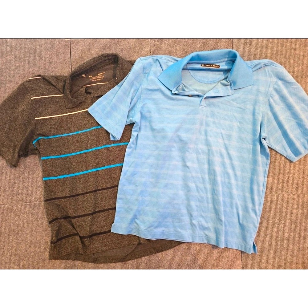2 Under ArmourPebbleBeach Golf Sport Athletic Blue/Grey Stripe Polo Shirts sz L